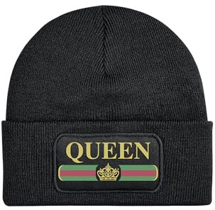 NIMAMA Mütze Beanie Queen Pärchen Wuntermütze Statement Spruch Print Geschenk Unisex Strickmütze für Herren & Damen - Schwarz