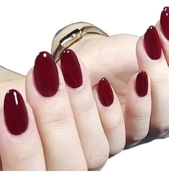 24pcs Glossy Wine Red Press On Nails, Medium Oval Shape Almond with Glue Tabs