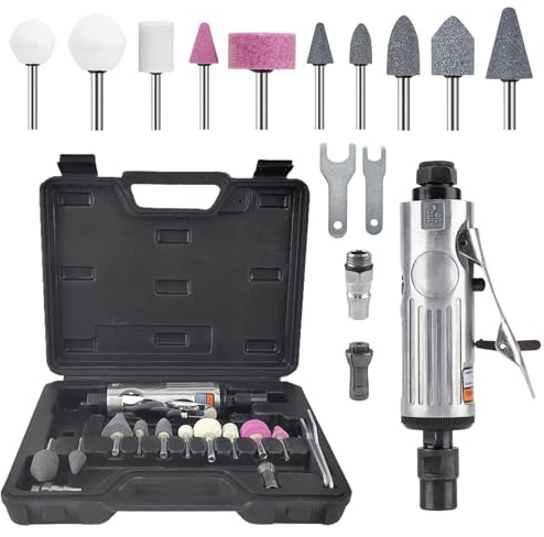 Druckluftschleifer Set, 3/6 mm Spannzangen und Schleifaufsätze | Für Schleifen und Polieren von Metall, Holz und Fahrzeugteilen; mit 3/6-mm-Spannzangen, Schleifköpfen und Etui.