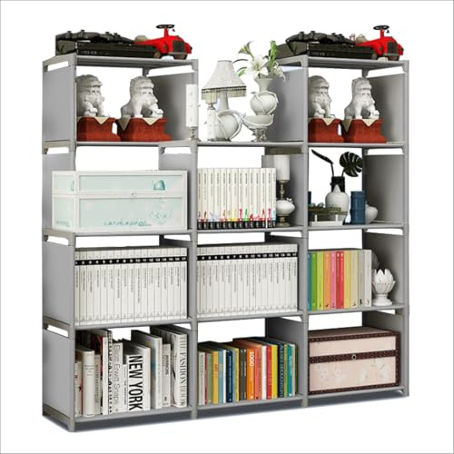 Bücherregale, zusammengebautes Lagerregal, vertikales Schrank-Bücherregal für Schlafzimmer, Wohnzimmer, zweireihiges 11-Gitter-Multifunktions-Aufbewahrungsgerät für Bücher, Kleidung, Spielzeug (grau)