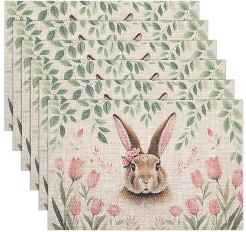 Banchif Abwaschbar Doppelseitig Tischsets 6er Set, Blumen Cartoon Hase Tischdeko Ostern Frühling Bankett Platzsets Urlaub Dekorative Tischsets Saisonal Platzsets Beige