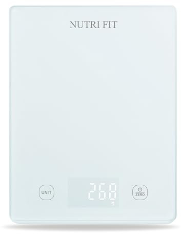 NUTRI FIT Digitale Küchenwaage Lebensmittelwaage, elektronische Küchenwaage, gehärtetes Glas, 3 kg/1 g, Einheiten in g/ml zum Kochen und Backen, große LCD-Anzeige, 3 AAA-Batterien, Weiß