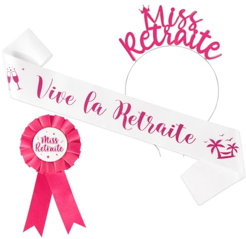 Cadeau Départ Retraite Femme Bandeau Serre-tête Diamant Miss Retraite et Écharpe Vive la Retraite avec Badge Rose Accessoires Déguisement Décoration pour Grandes Vacances Repos Fête Retraite