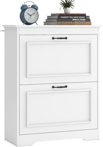 Brinlawb Meuble à Chaussures Entree, Armoire à Chaussures avec 2 Portes abattantes,Séparateur Réglable, Peut contenir 8 à 12 Paires de Chaussures pour entrée, Couloir, Chambre, 2 Tiroirs, Blanc