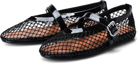 Aria Luxe Mesh Ballet Flats for Women Fishnet Ballerina Flats Buckle Strap Mesh Ballet Shoes Wide Width Casual Summer Dress Flat Shoes