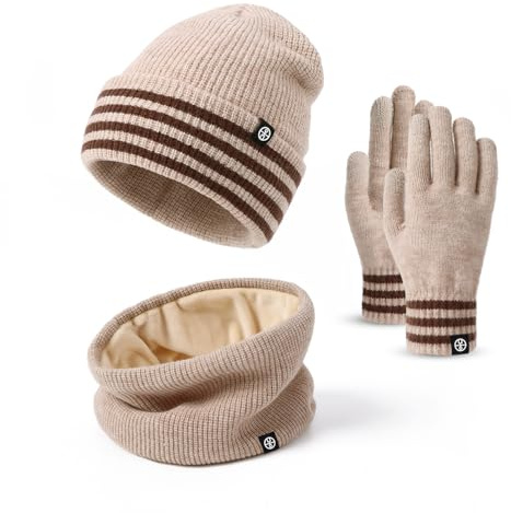 Baynetin 3-in-1 Winter-Set Beanie Hut Schal Handschuhe| Thermostrickmütze mit Umschlagkante + Fleece-Schal & Touchscreen-Handschuhe | Dehnbares Winddichtes Set für Kälte