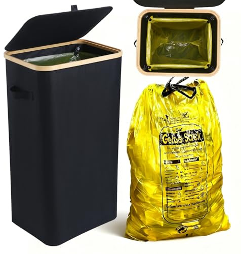 Bangleo Supporto giallo stabile con coperchio, supporto per sacco giallo con clip, pattumiera 70 – 110 litri, contenitore giallo per sacco della spazzatura, per cucina e casa [senza tasca interna