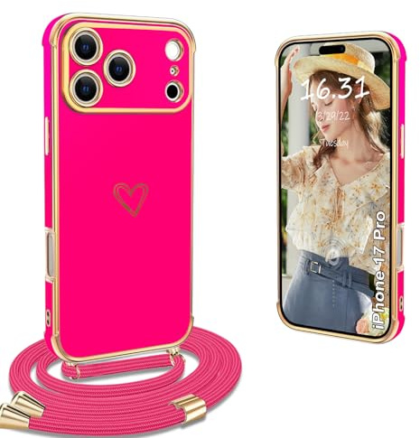 Yutwo Hülle für Samsung Galaxy A56 5G mit Band, Silikon schutzhülle mit Love Herz Motiv und integriertem Kordel Samsung A56 5G Handykette Case, Rosenrot