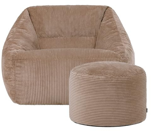 icon Natalia Cord Bean Bag Chair with Pouffe, Mocha Brown, Large Adult Bean Bag with Filling Included, Comfy Chair, Armchair, Living Room, Living Room Furniture, Bedroom Furniture
