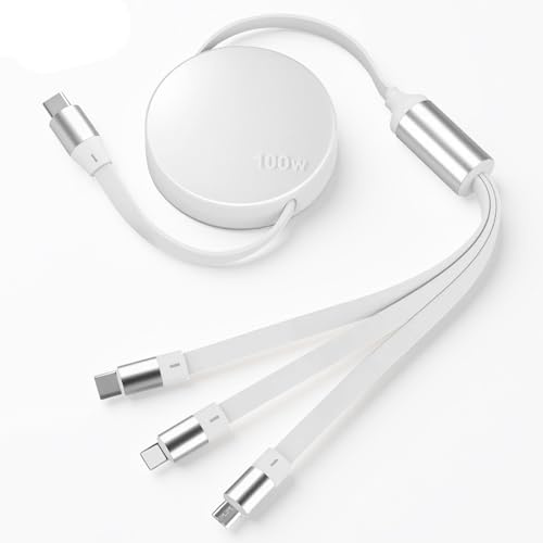 3-in-1 Einziehbares Multi Ladekabel USB C [100W/1,1m], Aufrollbares Schnellladekabel mit Typ-C/Phone/Micro – PD Fast Charging – Ladekabel Aufrollbar für iPhone, Samsung, Tablet & Laptop