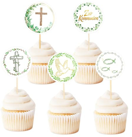 Gleevio 25 Stück Tortendeko Kommunion Junge Mädchen, Cupcake Topper Kommunion Kuchen Deko, 4,5cm Muffin Deko Erstkommunion, Fisch Kreuz Tortendeko Taufe, Kuchendeko für Taufe Erstkommunion Babyparty