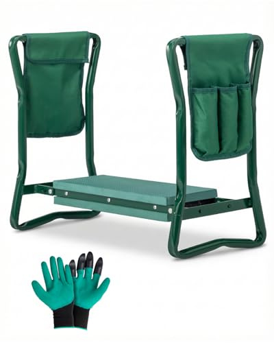 Outopee Foldable Garden Kneeler & Seat, 2 in 1 Gardening Bench Stool, Green | Heavy Duty Portable w/2 Removable Tool Bag Pouch, EVA Foam Pad & Gloves, Perfect Garden Gift for Women, Men, Seniors