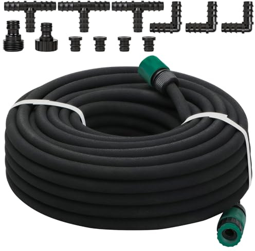 Junrvivy Perlschlauch 10M Garten Tropfschlauch Set - 1/2 Zoll Gartenbewässerung Bewässerungsschlauch 16MM Garten Schlauch mit Zubehör Tropfschlauch Bewässerung für Irrigation Hochbeet Bäume Blumen