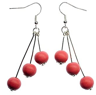 Miniblings Drei Rosa Holzperlen Ohrringe Hänger Ohrschmuck Kugel Perle rot Dangle - Handmade Modeschmuck I Ohrhänger Ohrschmuck versilbert