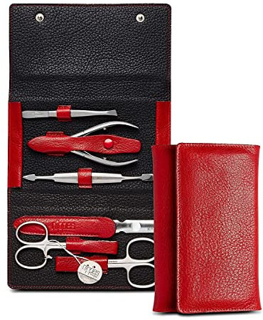 nippes Solingen Premium Line Maniküre Set Wild Red, 6-teilig, Edelstahl rost- und nickelfrei, Rindsleder-Etui mit Druckknöpfen, Rot/Schwarz, Nagelset, Nagelpflege Set, Made in Germany
