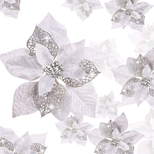 24 Stück Weihnachten Funkeln Weihnachtsstern Blumen Künstliche Weihnachten Blumen Hochzeit Weihnachtsbaum Neujahr Ornamente (Silber)