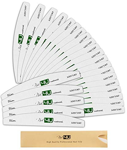 Pack of 25 Nail Files Half Moon Professional Thin Emery Boards for False Nails Acrylic Gel Tips Manicure tools by Nail4U Double sided Slim Nail File 100/180 Grit