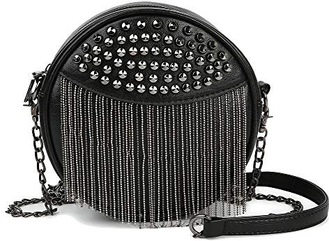 Kris Anna Borchie Mini Borsa a tracolla con Catena Frange da Donna Nero