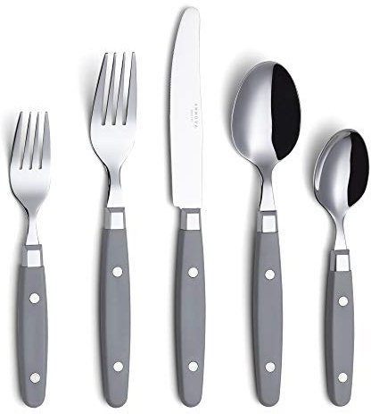 ANNOVA Ensemble de couverts/couverts en acier inoxydable avec poignées de couleur et rivets/style rétro. (Grey, 20 Pieces)