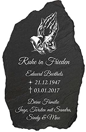 Schieferei – personalisierte Schiefer Grabtafel als Gedenktafel oder Grabschmuck – Schieferplatte mit Name, Trauerspruch uvm. selbst gestalten – Handmade in Germany (40 x 25 cm | Motiv: Betende Hände)
