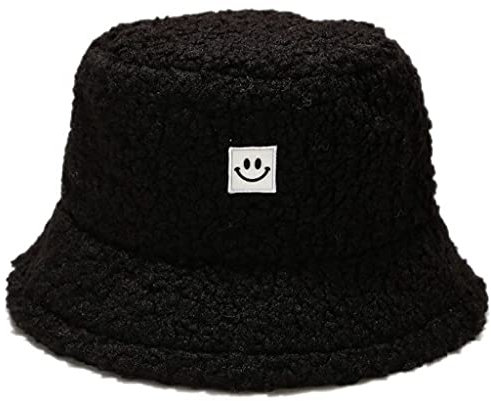 crazy bean Winter Fuzzy Eimer Hut für Frauen Warme Mütze mit breiter Krempe Flauschige Eimer Hut(M,Schwarz)