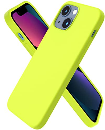 ORNARTO Compatible with iPhone 13 Mini Case 5.4, Slim Liquid Silicone 3 Layers Full Covered Soft Gel Rubber Case Cover 5.4 inch-Fluorescent Yellow