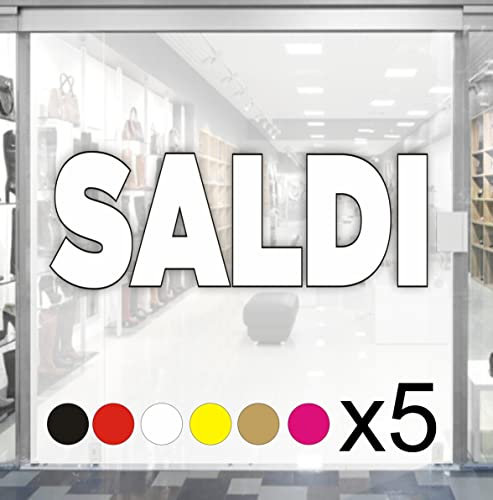 5 pz. kit Adesivi Saldi Rimovibili per Vetrine Negozi, Vetrofania Scritte SALDI dim. 60x20 cm Stickers promozionali Allestimento Vetrine Decorate. intagliati senza Sfondo Prespaziati (BIANCO)