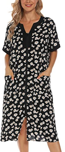 YOZLY Hauskleider für Damen, Reißverschluss vorne, leichter Hausmantel mit Taschen, Daisy, Mittel