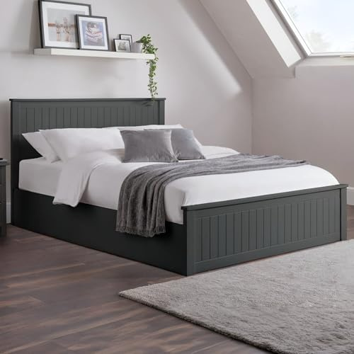 Julian Bowen Maine Ottoman Bed - Anthracite Painted Beds | New England Bed Frame, 135cm/4ft6, No Box Spring Needed, Easy-Lift Storage, Traditional High Headboard, Low Footboard