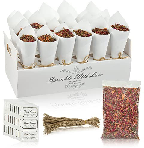 30 piezas de cono de papel de boda papel cono de bricolaje con bandeja de cono caja de papel blanco cono pétalo ramo de caramelos cono para regalo de fiesta de boda, cuerda de cáñamo y cinta adhesiva