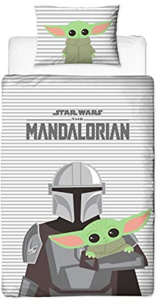 Character World Disney Offizielles Star Wars The Mandalorian Bettwäsche-Set für Einzelbett, wendbar, zweiseitig, inklusive passendem Kissenbezug, Grogu Baby Yoda Kinder-Bettwäsche-Set