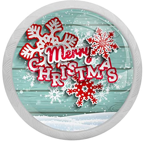 4 Packungen Frohe Weihnachten und Schneefakes auf blauem, rustikalem Holz, fluoreszierendes Kristallglas, Schrankknöpfe, Schubladengriffe für Küchenschränke, Kommode, Schrank, Kleiderschrank, Griffe