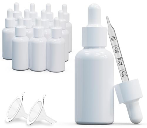 Pack of 12 (1oz) Glass Dropper Bottle White Coated Glass Sample Bottles Empty with Funnels , 30ml Eye Dropper Bottles for Essential Oils, Cuticle Oils, Body Oils, Tincture Bottles