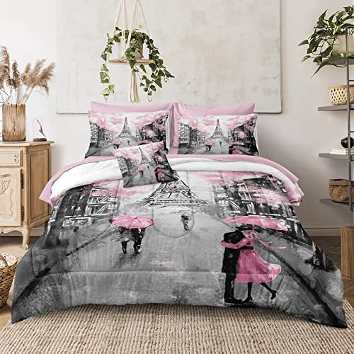 Merryword Pink Paris Bettwäsche-Set für King-Size-Betten, 8-teilig, Bett in einer Tasche, süßes Paar-Liebhaber, rosa Blumen-Design, Bettwäsche mit 1 Bettdecke, 1 Spannbetttuch, 1 Kissenbezug