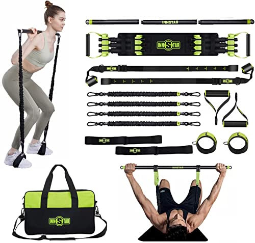 INNSTAR Tragbares Home Gym 5.0 Set, Bankdrücken Brusttrainer Resistance Band Set, Fitnessbänder Krafttraining mit Detachable Fitness Stange,für Zuhause, Reisen, Fitnessstudio (Grün)