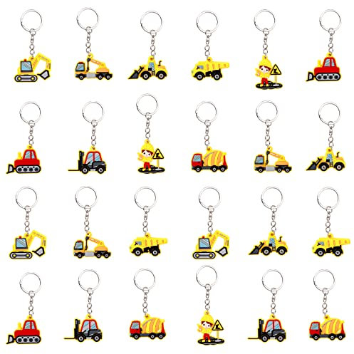 24 Pcs Porte-clés camion de construction Pendentif pour enfant, Fête d'anniversaire de construction Favors, Véhicule d'Ingénierie Remplissage de sac de fête sur le thème des véhicules de construction
