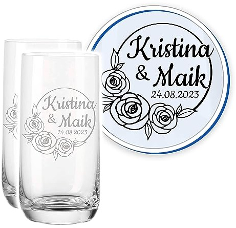 LALALO Leonardo Hochzeit Trinkglas Geschenk-Set (2 St.) graviert, Trinkgläser mit Gravur personalisiert als Hochzeitsgeschenk, Wasserglas/Longdrink-Glas zum Hochzeitstag (Rosenrausch)