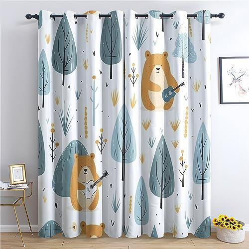 SZLYZM Vorhänge Kinder Jungen Mädchen, Verdunkelungsvorhang 2er Set - Vorhang Blickdicht Bär Muster, Thermovorhang für Deko Wohnzimmer Schlafzimmer Kinderzimmer, Gardinen mit Ösen 137x117 cm (HxB)