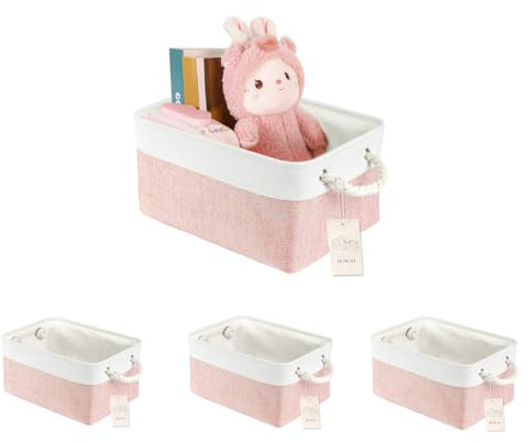 JUNLAI Lot de 4 paniers de rangement pliables en tissu avec poignées - Pour bureau et maison - Livre, vêtements, jouets (rose et blanc)