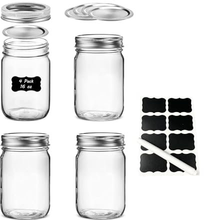 Hniuyun 16 oz Glass Regular Mouth Mason Jars, 4 Pack Clear Glass Jars with Airtight Lids and Bands for Sealing, Food Storage, Overnight Oats, Fruit, Sauces, DIY Projects