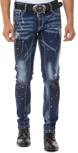 Cipo & Baxx Herren Jeans Hose Straight Fit Denim Farbkleckse Regular Fit Jeanshose CD783 Blau W38 L34
