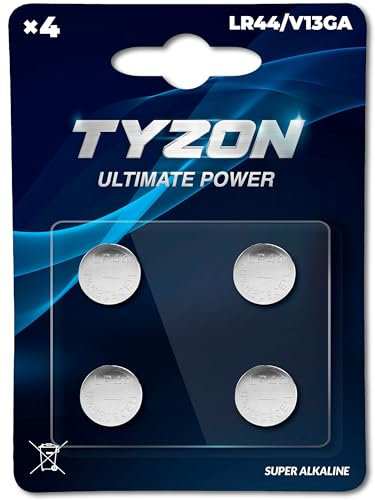Tyzon LR44/V13GA Alkaline Batterien, 4 Stück - Hochleistungs-Knopfzellen für Spielzeug, Uhren & Taschenrechner
