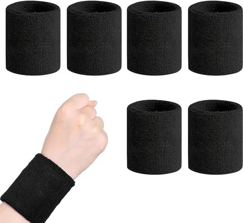 Sport Wristbands,Schweißband, Fitness Arm Schweißband, Saugfähige Handgelenk Schweißbänder, für Handball, Basketball, Tennis, Gymnastik,Laufen,6 Stück,(schwarz)