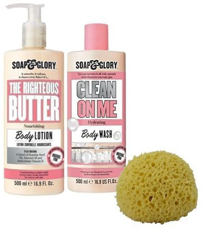Soap and Glory Clean on Me Shower Gel Body Wash 500ml and Righteous Butter Body Lotion Pump 500ml Bundle with Rainbow Gifts Sponge Set