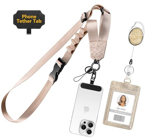 Azrra Adjustable Crossbody Cell Phone Lanyard for iPhone with Phone Tethers & Retractable ID Badge Card Holder (Beige)
