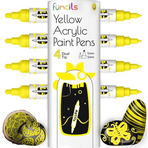 4 Dual Tip Yellow Paint Pen Metallic - Fine Tip & Medium Acrylic Paint Markers - Yellow Paint Marker for Metal, Wood, Rock Painting, Canvas, Ceramic, Glass, Fabric, Leaf and Plastic - Water-based Ink