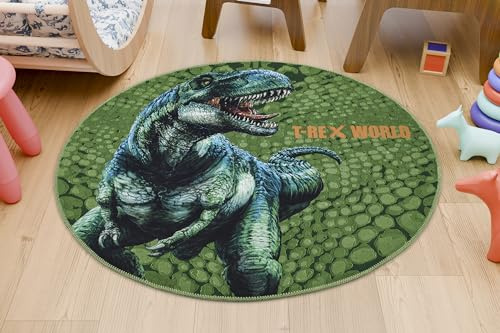 Kinderteppich T-Rex Dinosaurier grün rund 100cm