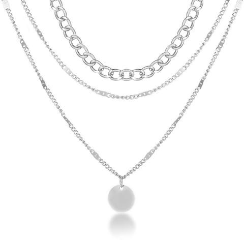 Lucktao Layering Kette,Damen Layered Kette Silber,Multilayer Halskette mit Coin Runden Anhänger,Zarte Mehrreihige Halskette Nickelfrei,Wasserfester Hypoallergene,Modeschmuck für Frauen und Mädchen