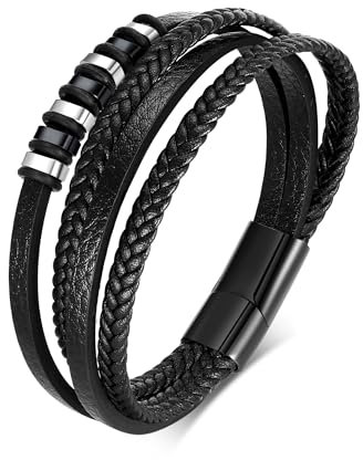 Herren Armband Geschenke für Männer - Geflochten Echtleder Wickelarmband mit Magnet Verschluss, Leder Armreif Schwarz Lederarmband Geschenk für Mann Geburtstag Weihnachten, Armbandlänge 23.5CM