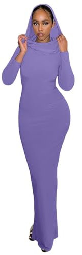 Robe longue décontractée pour femme - Couleur unie - Coupe ajustée - À capuche, lilas, S